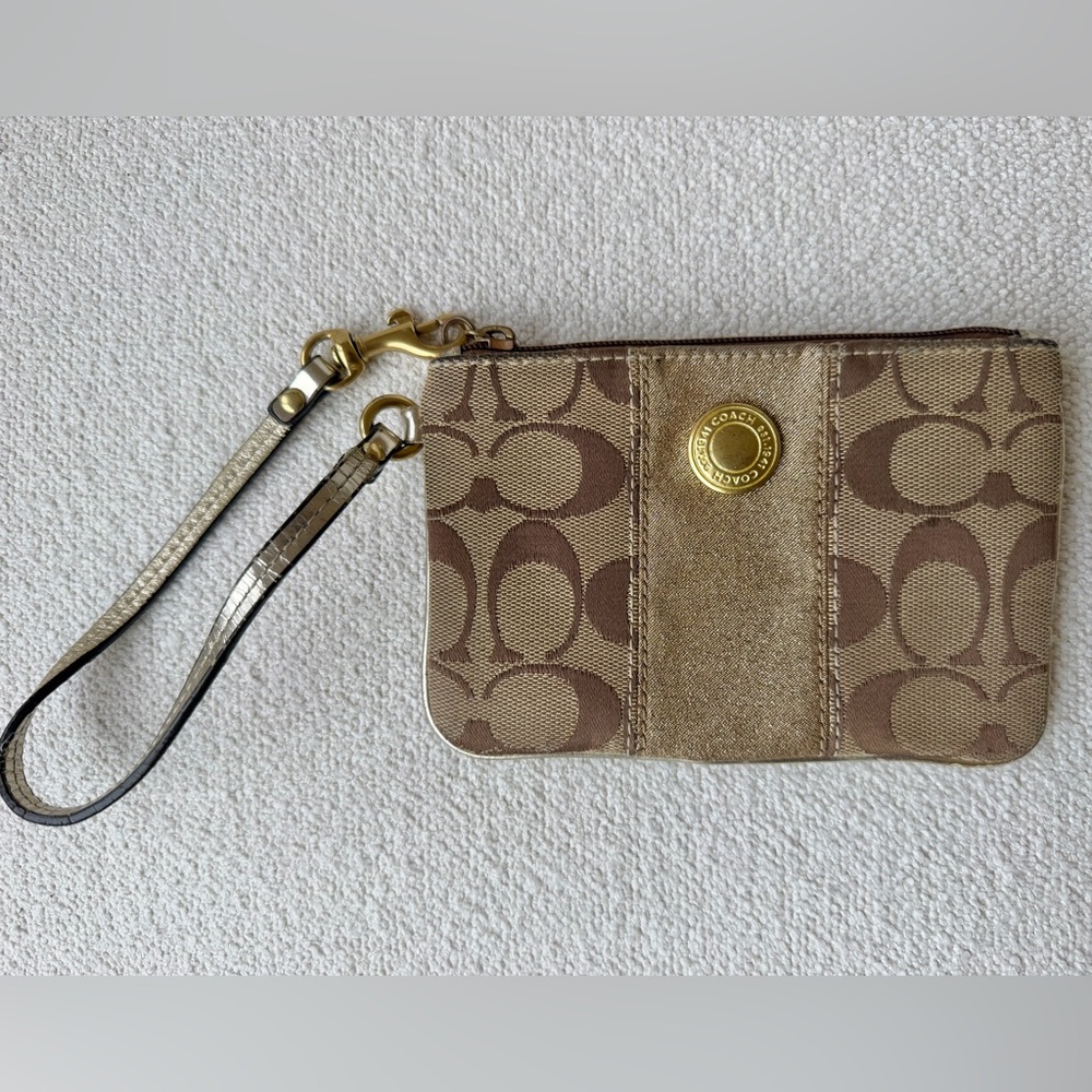 Coach Vintage Metallic Gold and Signature C Brown Wristlet